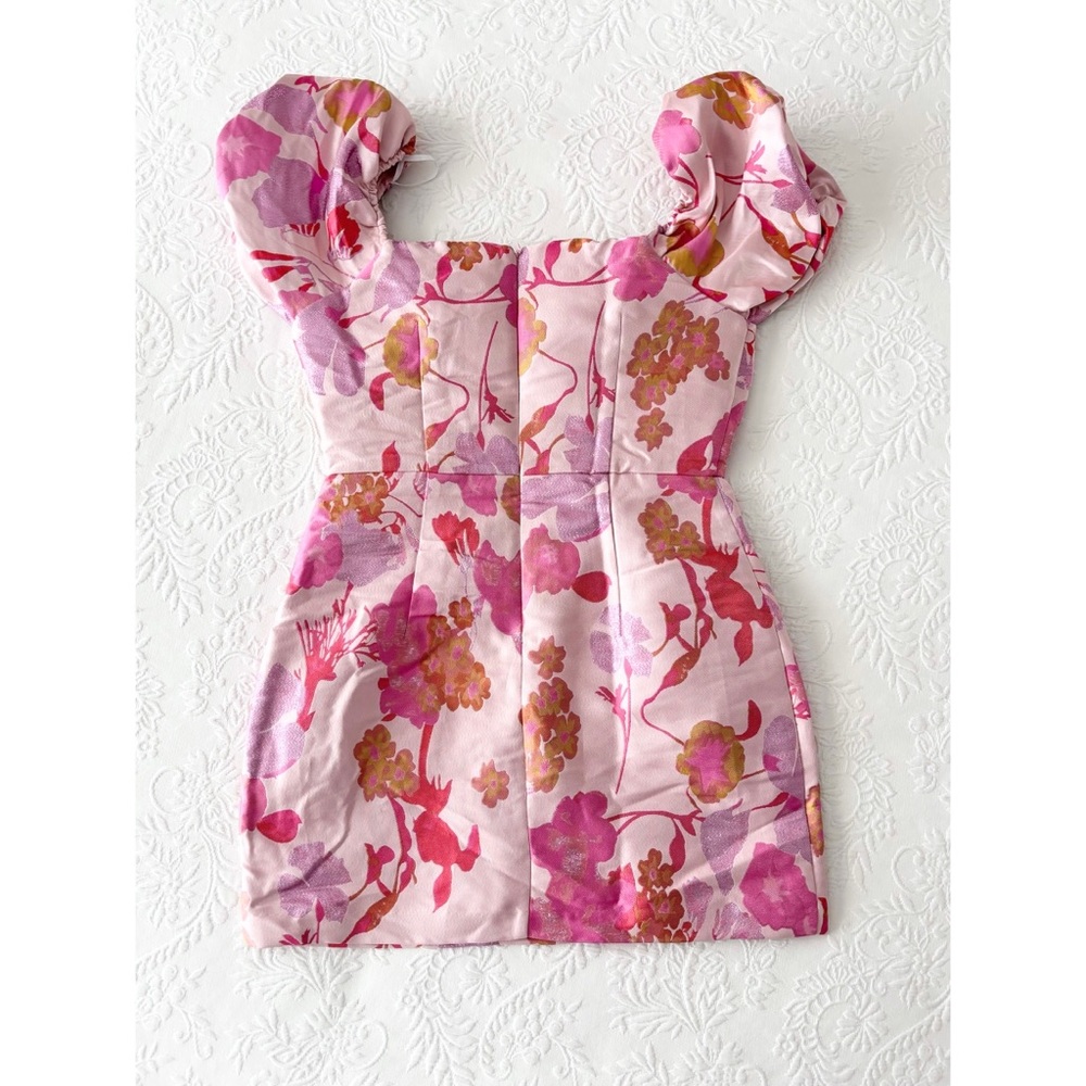 NWOT Lulus So Stunning Orange Multi Floral Jacquard Puff Sleeve Mini Dress - Picture 5 of 8